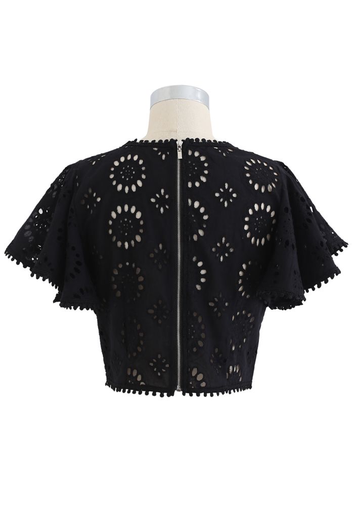 Floral Eyelet Embroidered Ruffle Sleeves Crop Top in Black - Retro ...