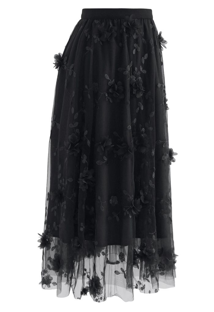 3D Mesh Flower Embroidered Tulle Midi Skirt in Black
