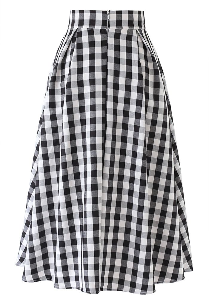 Buttoned Front Check Print A-Line Midi Skirt in Black - Retro, Indie ...