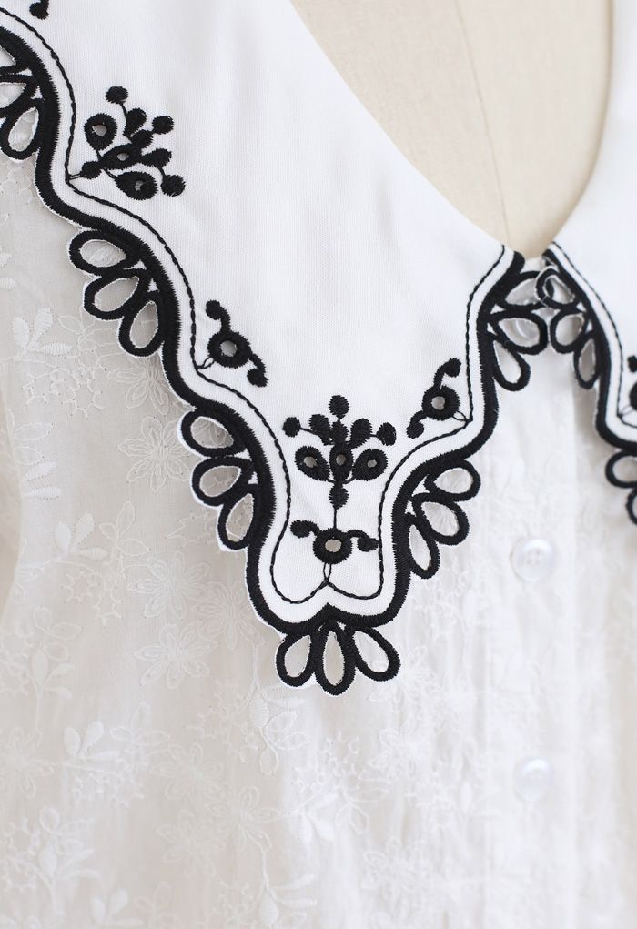Embroidered Pointed Collar Button Down Top