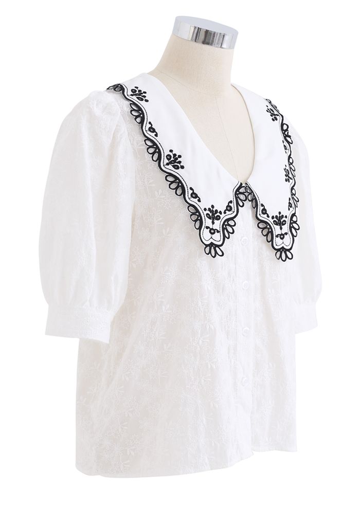 Embroidered Pointed Collar Button Down Top