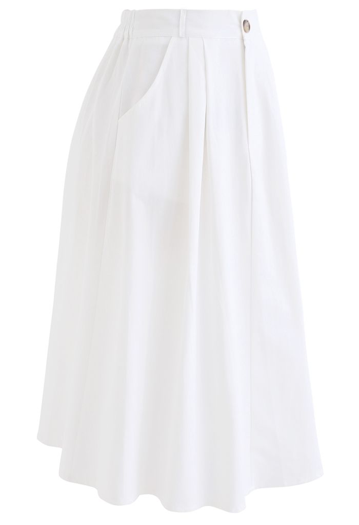 Slant Pockets A-Line Midi Skirt in White - Retro, Indie and Unique Fashion