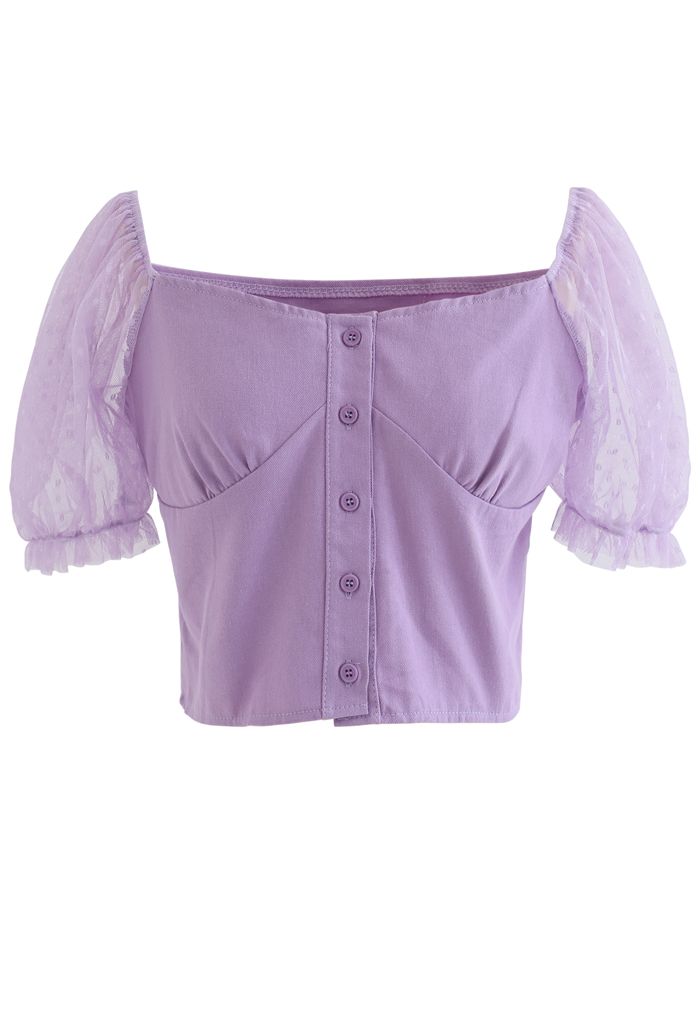 Lace Sleeves Spliced Button Down Crop Top in Purple - Retro, Indie and ...