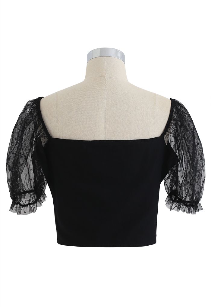 Lace Sleeves Spliced Button Down Crop Top in Black - Retro, Indie and ...