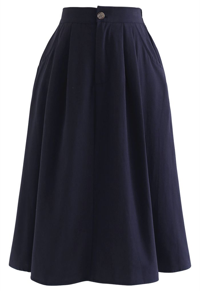 Slant Pockets A-Line Midi Skirt in Navy - Retro, Indie and Unique Fashion