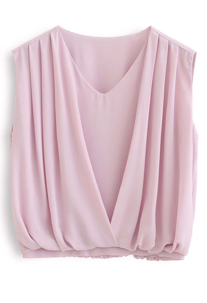 Sleeveless V-Neck Pleated Chiffon Top in Pink