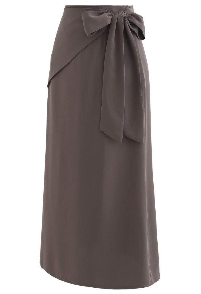 Bow-Tied Waist Shift Midi Skirt in Taupe