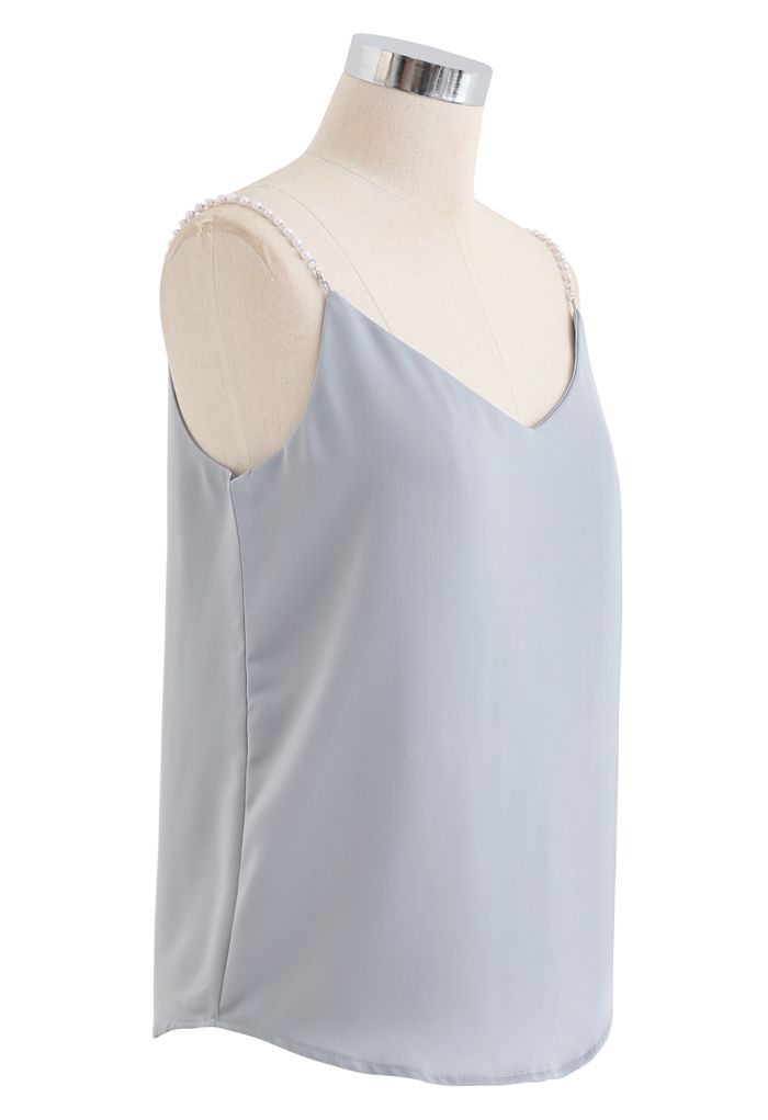 Pearl Straps Satin Cami Tank Top in Dusty Blue