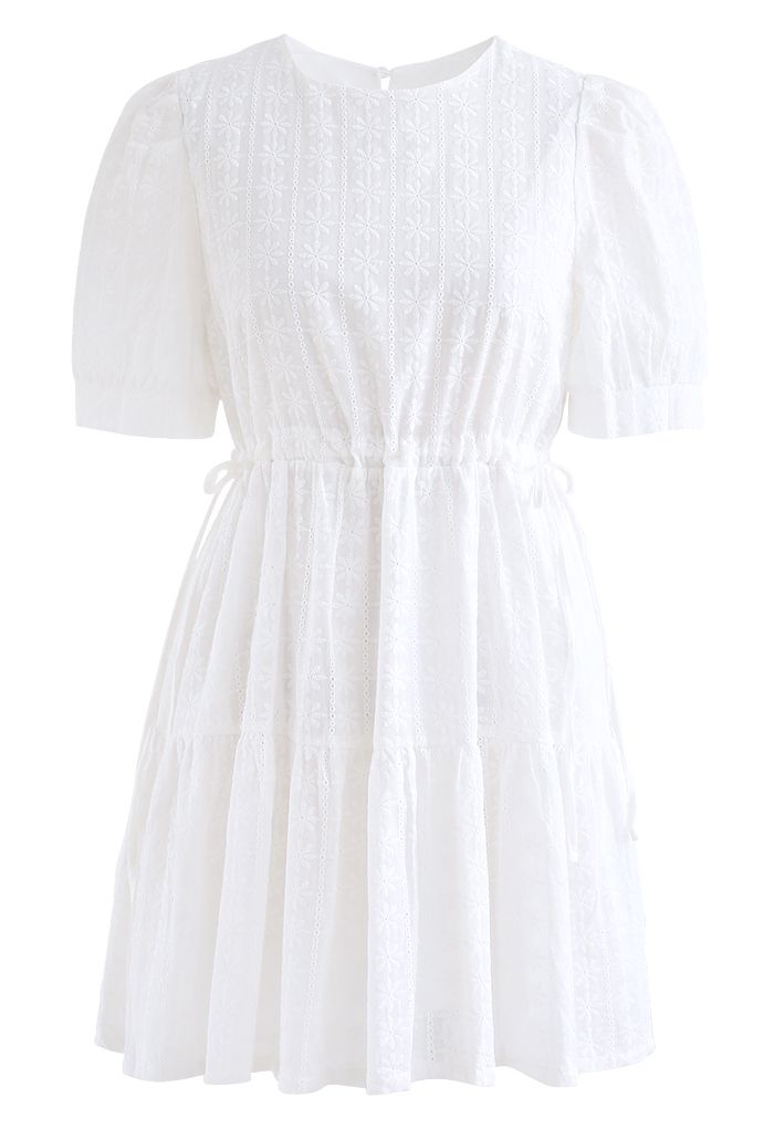 Floret Embroidered Drawstring Waist Eyelet Mini Dress in White - Retro ...