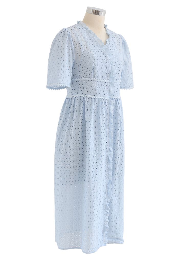 Ruffle Embroidered Button Down Eyelet Dress in Blue - Retro, Indie and ...