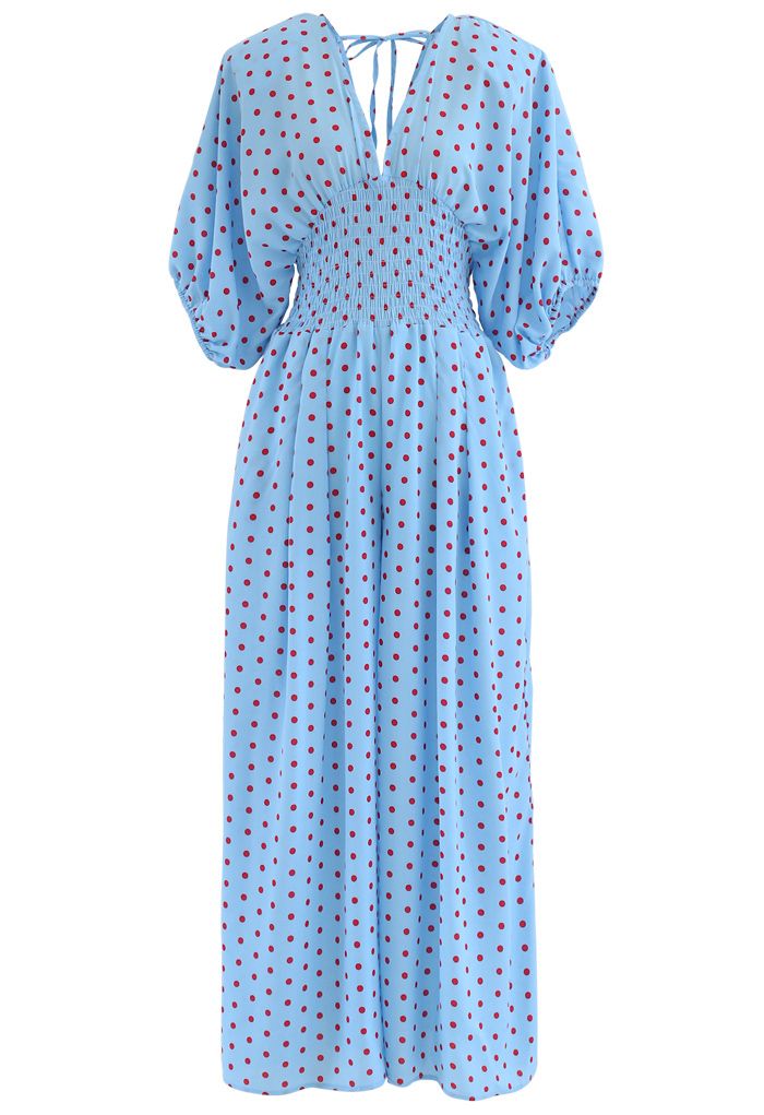 Dot Print Plunging Neck Shirred Wide-Leg Jumpsuit in Blue - Retro ...