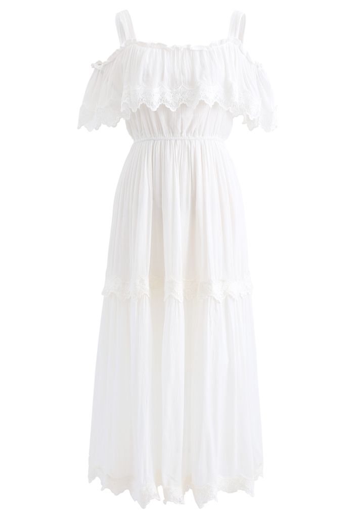 Crochet Trim Cold-Shoulder Dress in White - Retro, Indie and Unique Fashion