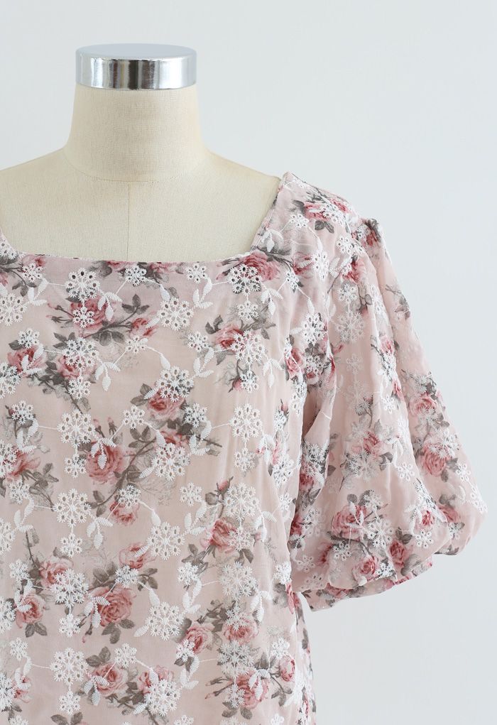 Floral Print Embroidered Bubble Sleeves Chiffon Top in Light Pink ...