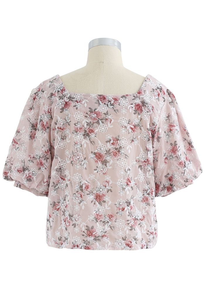 Floral Print Embroidered Bubble Sleeves Chiffon Top in Light Pink ...