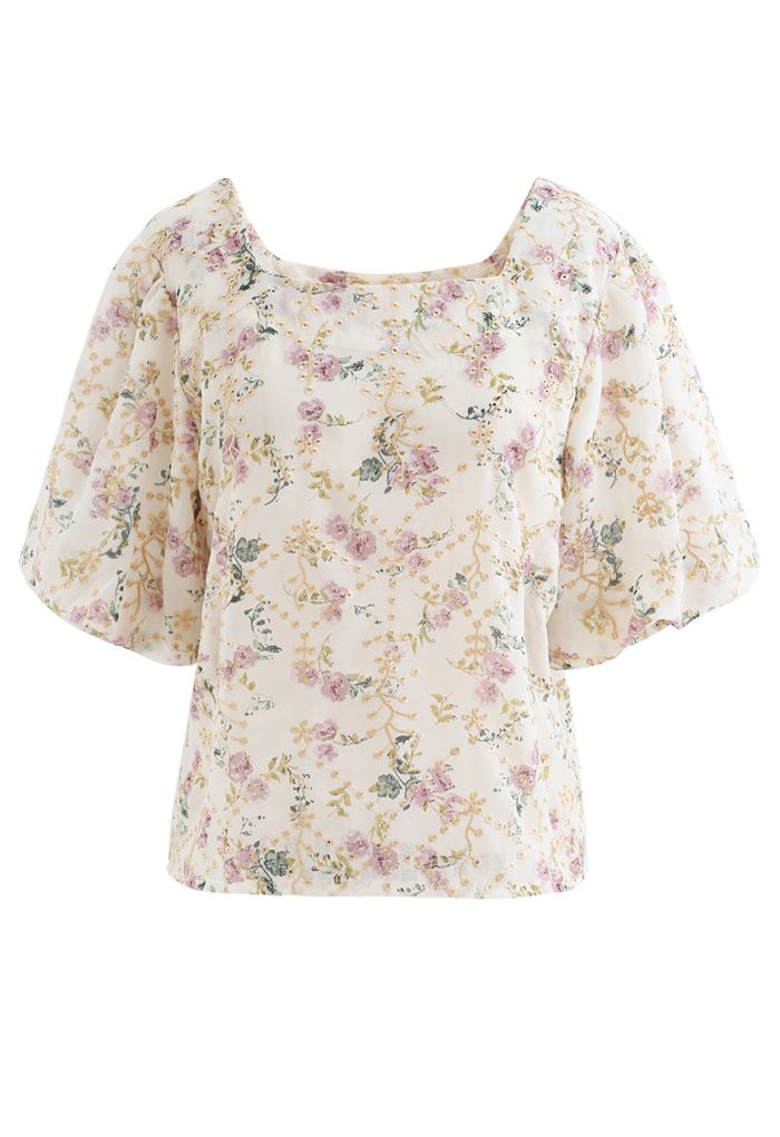 Floral Print Embroidered Bubble Sleeves Chiffon Top in Cream - Retro ...