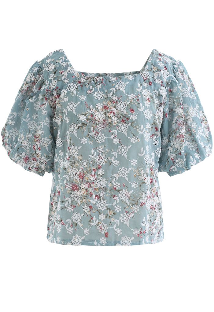 Floral Print Embroidered Bubble Sleeves Chiffon Top in Teal - Retro ...