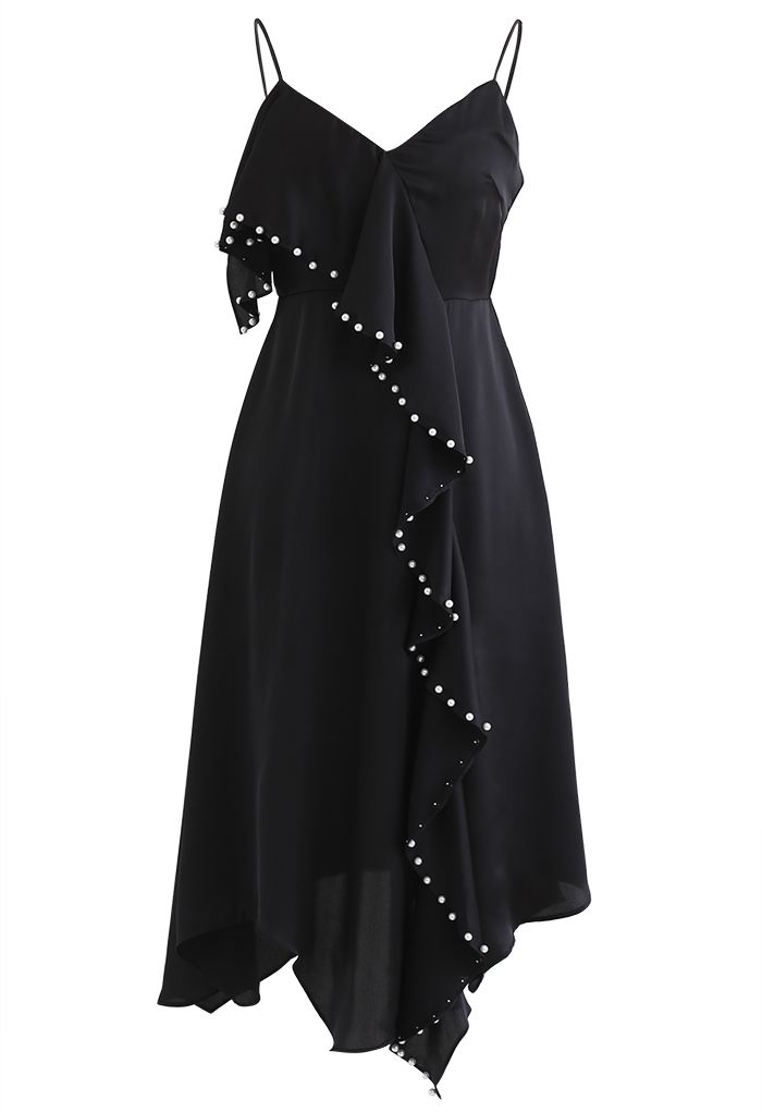 Pearl Trims Ruffle Asymmetric Cami Dress