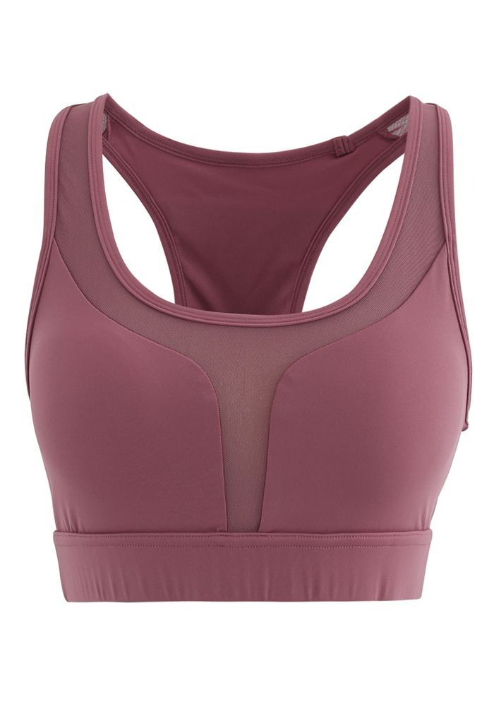 I-Shaped Back Pocket Mesh-Insert Low-Impact Sports Bra in Rust Red ...