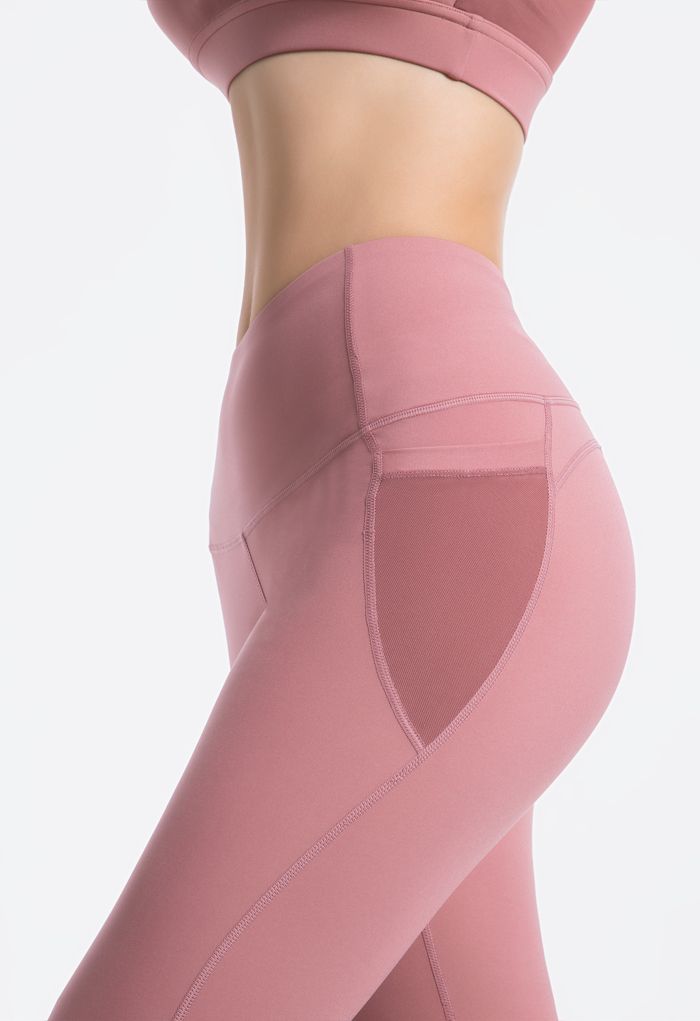 Mesh Pockets High Rise Seam Detail Ankle-Length Leggings in Dusty Pink ...