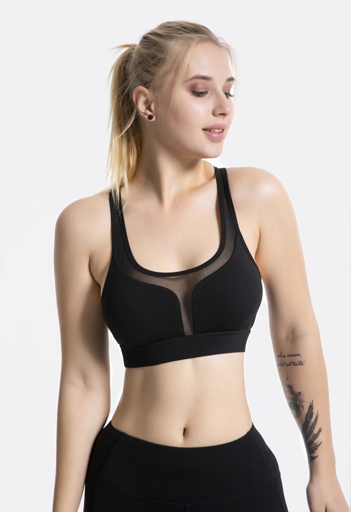 I-Shaped Back Pocket Mesh-Insert Low-Impact Sports Bra in Black - Retro,  Indie and Unique Fashion