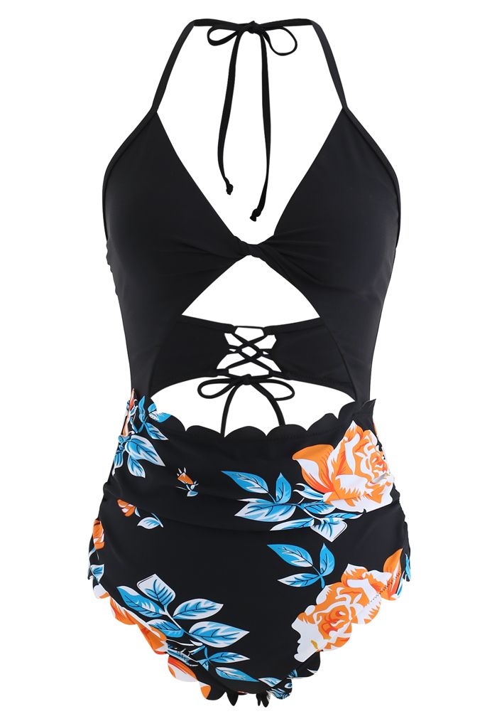 Twist Bust Lace-Up Scalloped Floral One-Piece Swimsuit - Retro, Indie ...