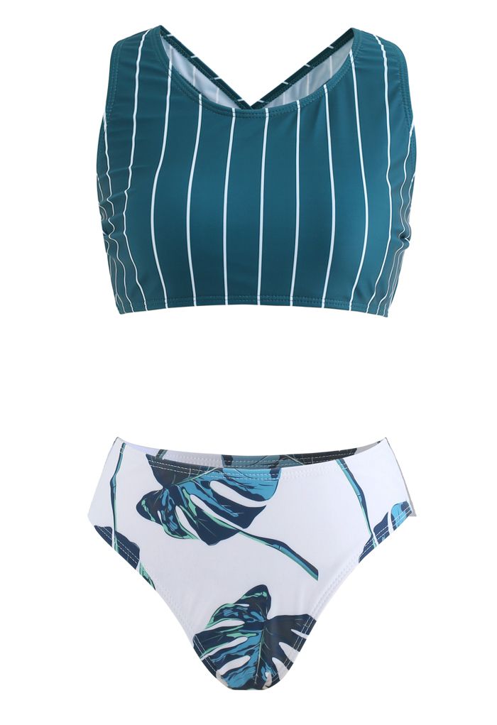 Stripe Print Crisscross Back Tropical Leaf Bikini Set - Retro, Indie ...