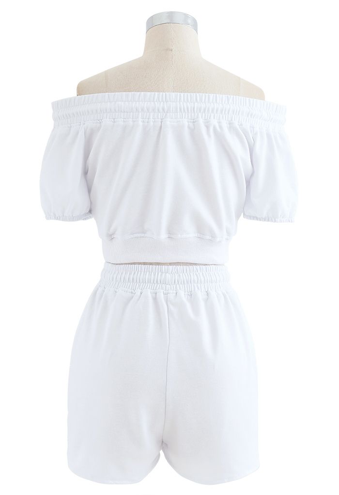 Drawstring Off-Shoulder Crop Top and Shorts Set in White - Retro, Indie ...