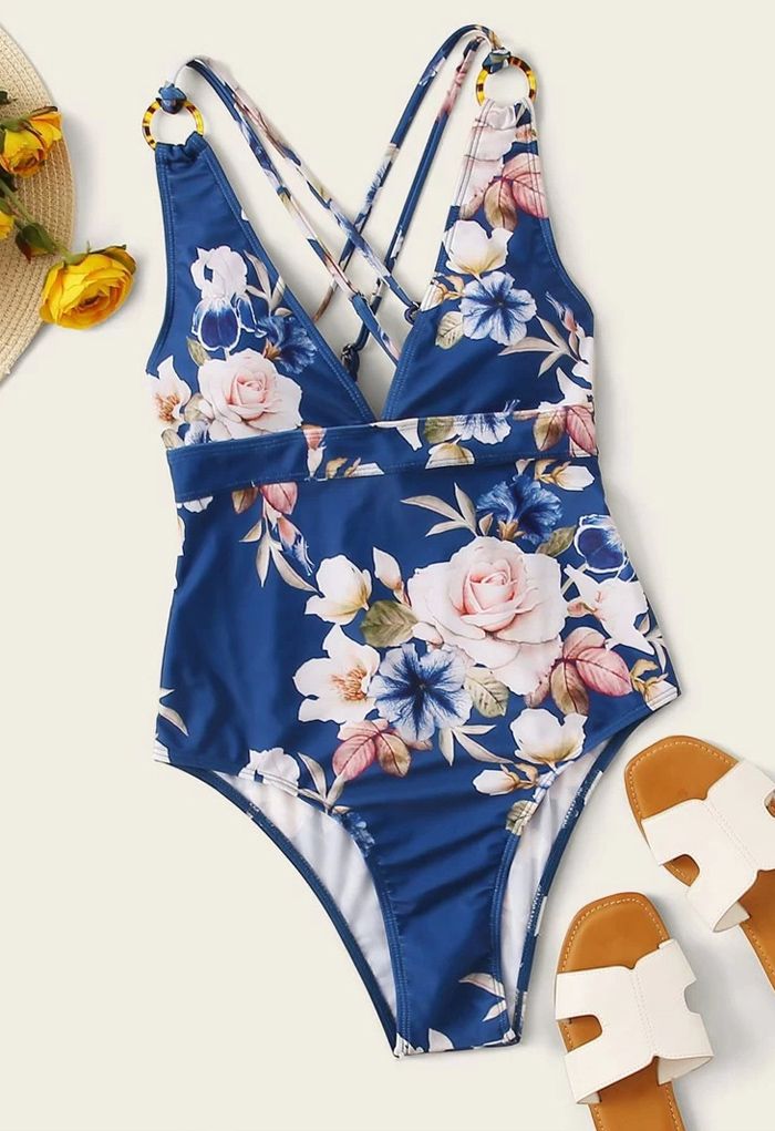 Strappy Crisscross Back Floral One-Piece Swimsuit - Retro, Indie and ...