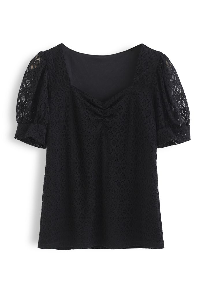 Ruched Front Sweetheart Neck Lace Top in Black