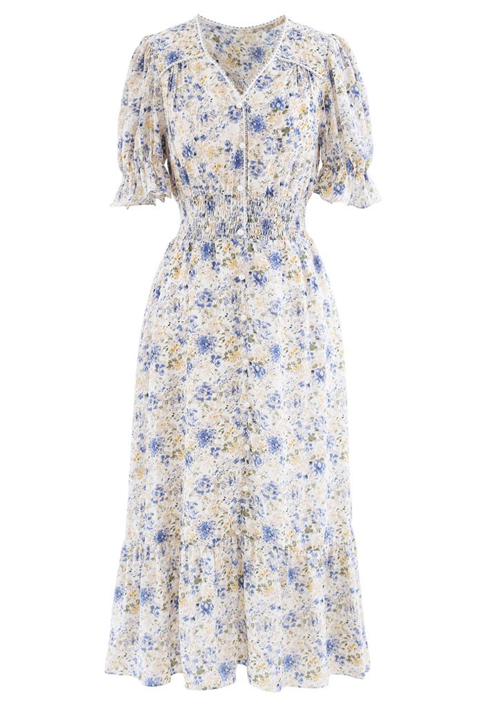 Crystal and Pearl Trim Frilling Floral Chiffon Dress in Blue