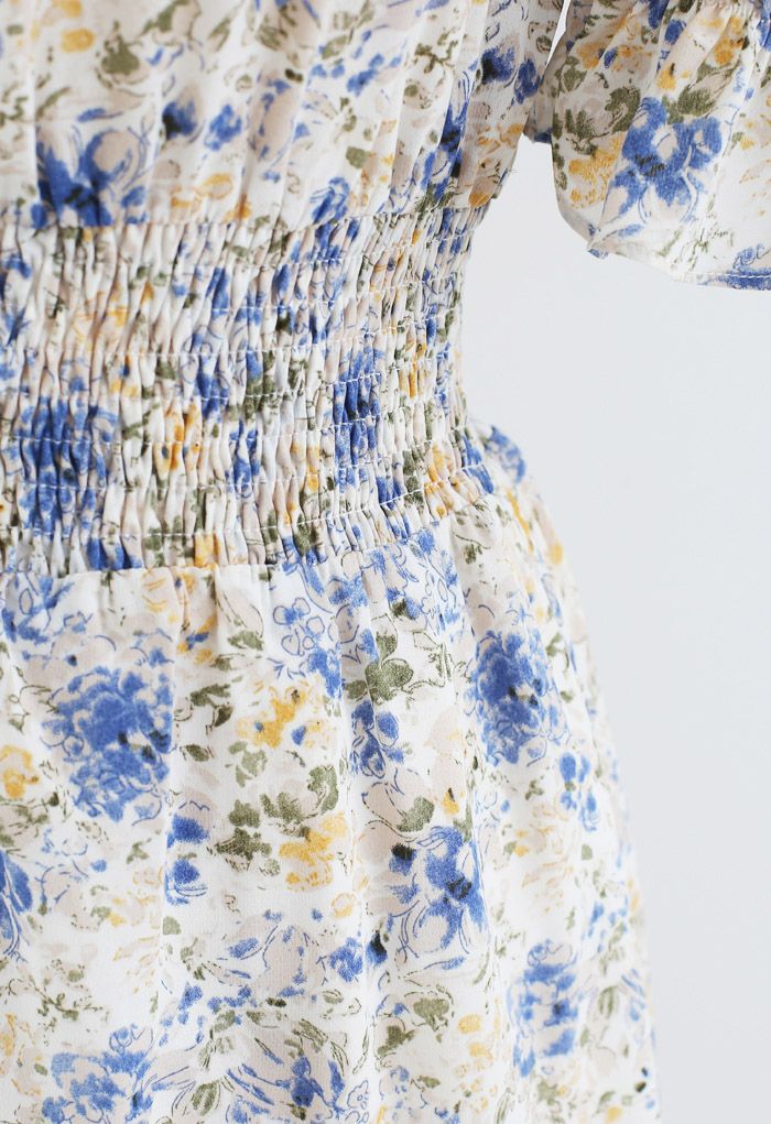 Crystal and Pearl Trim Frilling Floral Chiffon Dress in Blue