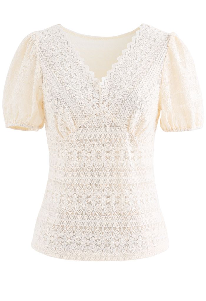V-Neck Full Lace Neutral Cream Top