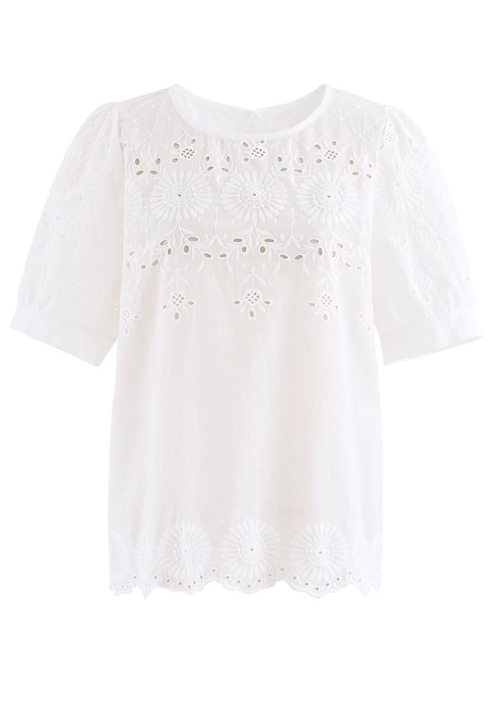 Round Neck Embroidered Posy Eyelet Top - Retro, Indie and Unique Fashion