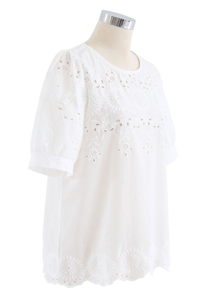 Round Neck Embroidered Posy Eyelet Top - Retro, Indie and Unique Fashion
