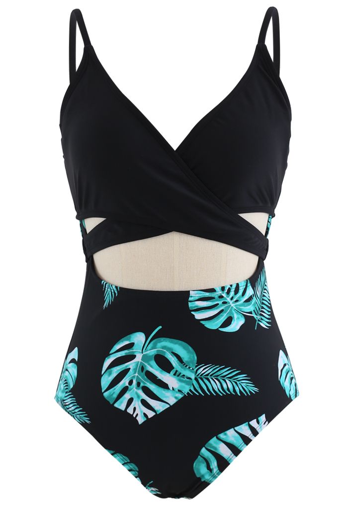 Bowknot Back Tropical Leaf Print Cutout One-Piece Swimsuit - Retro ...