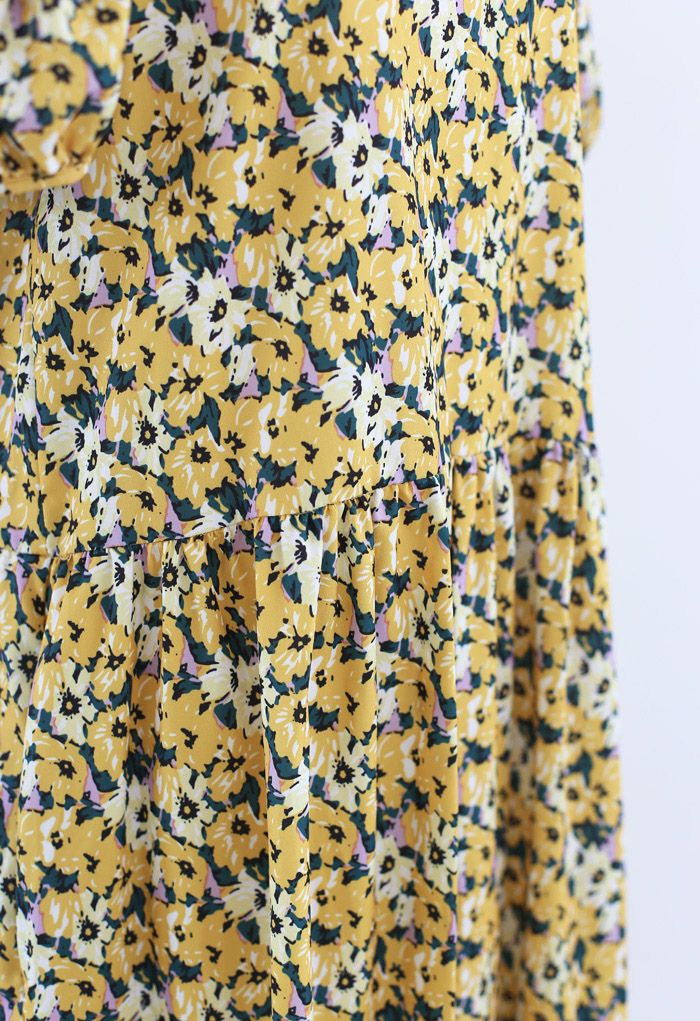 Yellow Flower Puff Sleeve Frilling Midi Dress - Retro, Indie and Unique ...