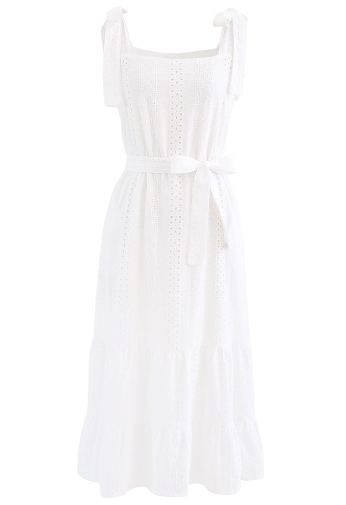 Embroidery Eyelet Shoulder Tie Belted Frilling Dress - Retro, Indie and ...