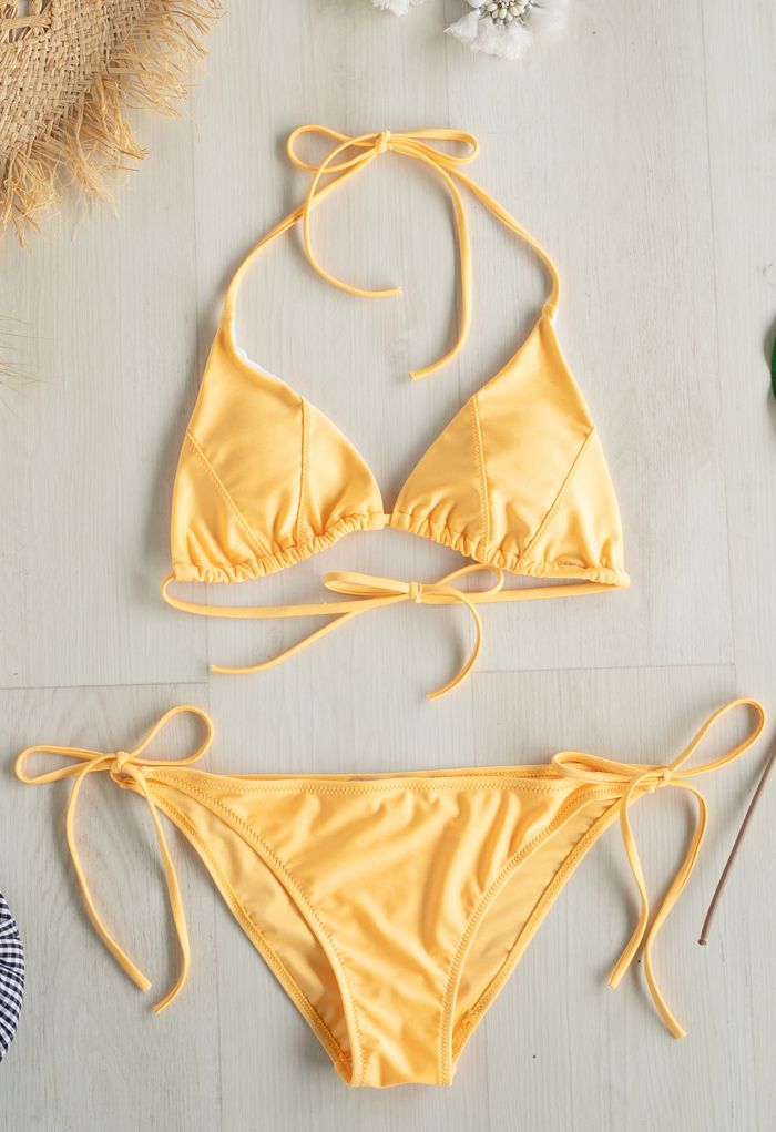 Self-Tied String Halter Bikini Set in Yellow