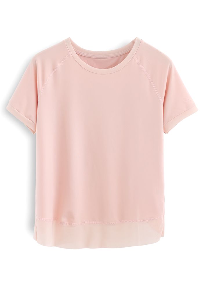 Crisscross Flap Mesh Inserted Lightweight T-Shirt in Nude Pink