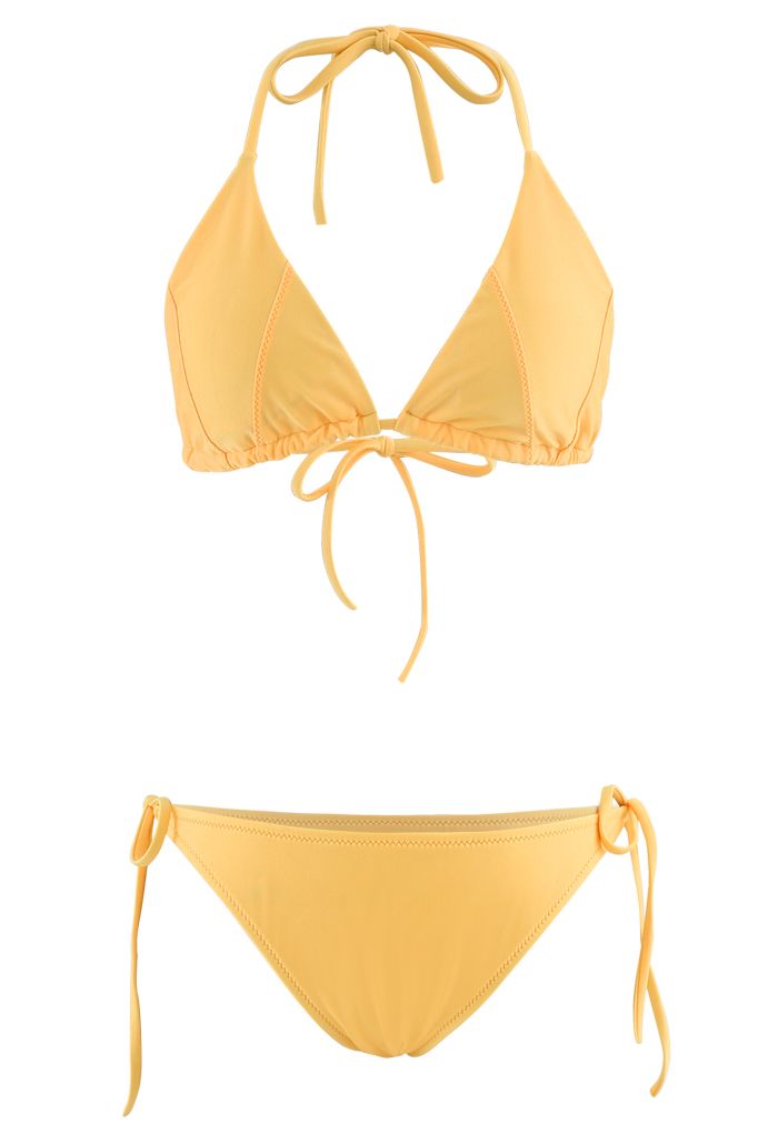 Self-Tied String Halter Bikini Set in Yellow