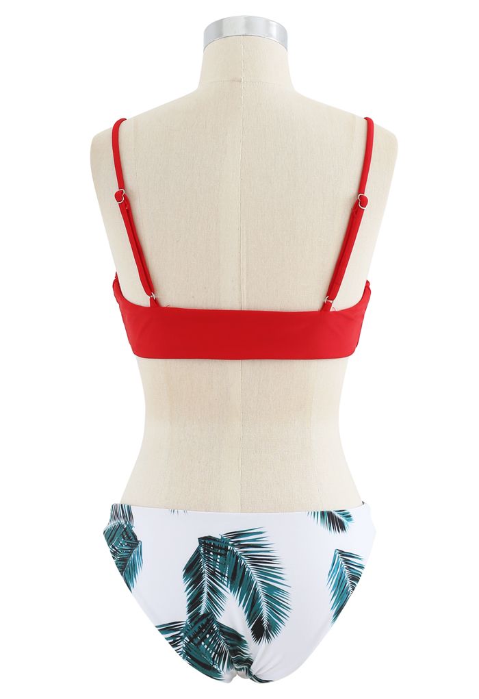 Adjustable Straps Leaf Print High-Cut Leg Bikini Set in Red