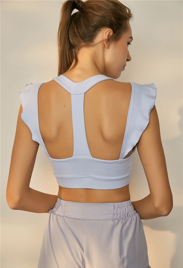 Ruffle Trim I-Shaped Back Low-Impact Sports Bra in Baby Blue - Retro, Indie  and Unique Fashion