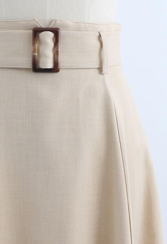 Belted Paper-Bag Waist A-Line Midi Skirt in Sand