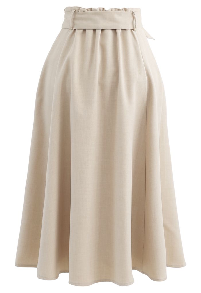 Belted Paper-Bag Waist A-Line Midi Skirt in Sand