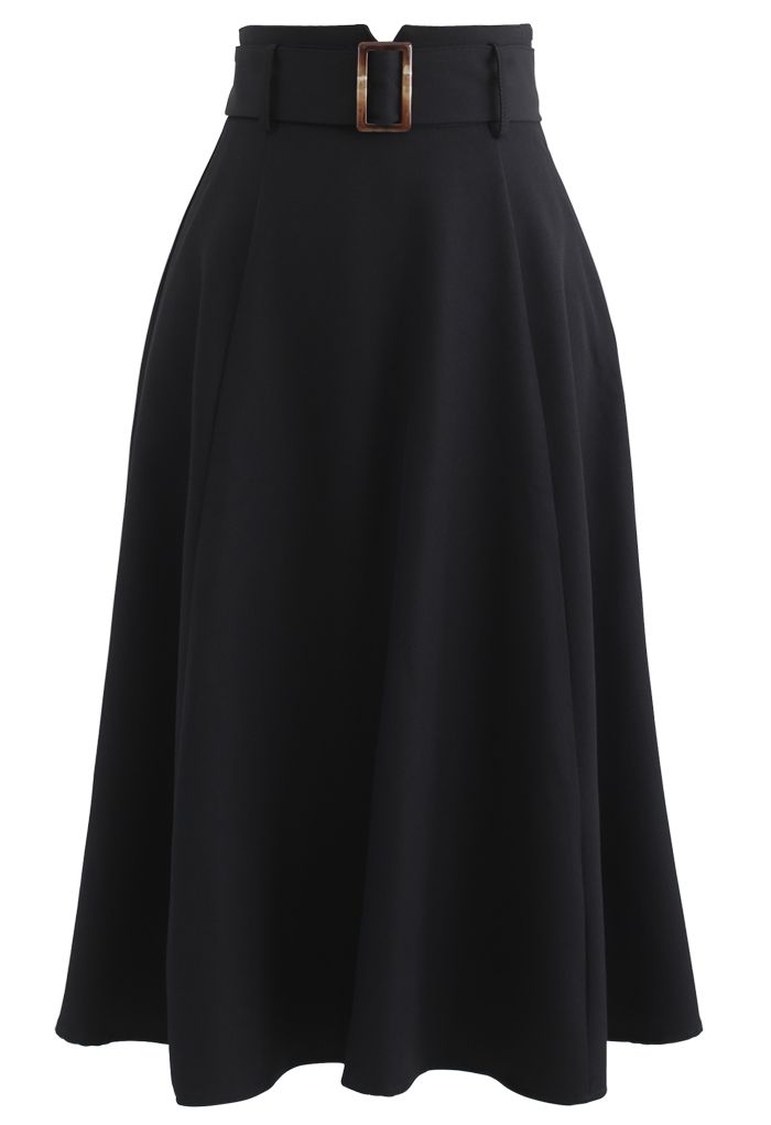 Belted Paper-Bag Waist A-Line Midi Skirt in Black