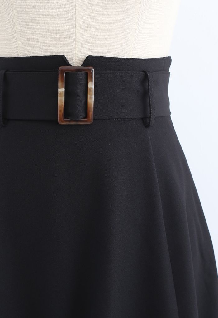 Belted Paper-Bag Waist A-Line Midi Skirt in Black