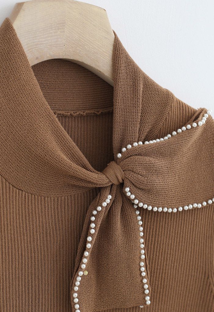 Pearl Trim Bowknot Short Sleeves Ribbed Knit Top in Tan