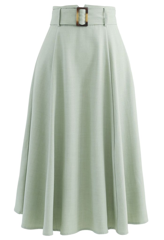 Belted Paper-Bag Waist A-Line Midi Skirt in Mint