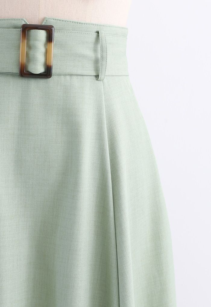 Belted Paper-Bag Waist A-Line Midi Skirt in Mint