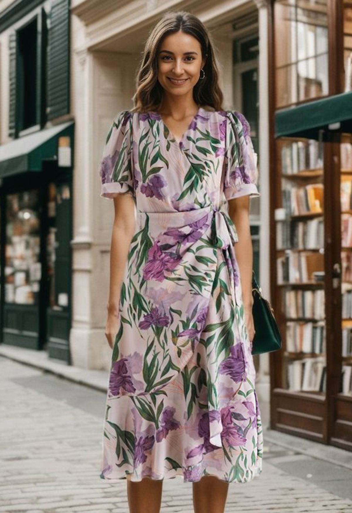 Violet Blossom Chiffon Wrap Midi Dress - Retro, Indie and Unique Fashion